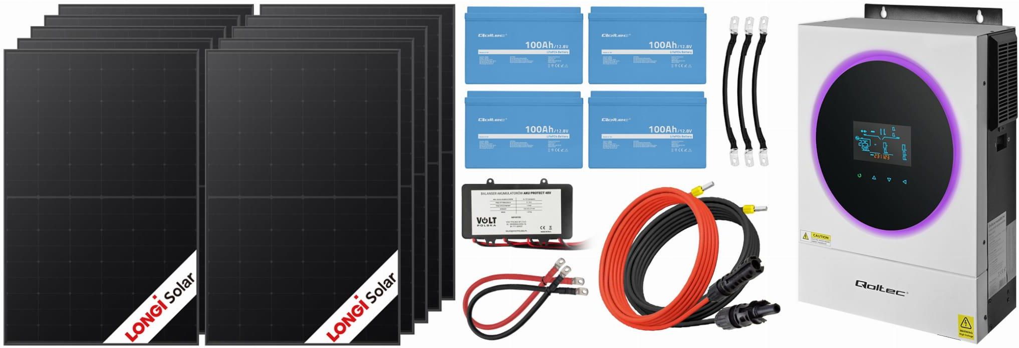 Zdjęcie Off-gridowy zestaw solarny 6000W: 10 x paneli 430W + 4 x LiFePO4 100Ah (100A) + balanser 48V + przewody do połączenia + hybrydowy inwerter solarny Of - Miasteczko Śląskie