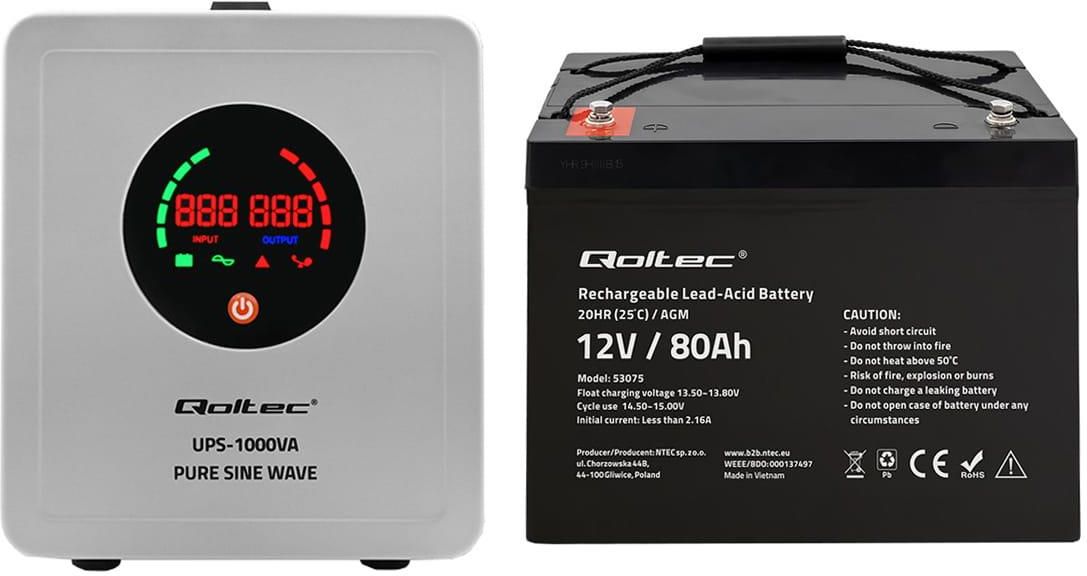 Zdjęcie Zestaw: zasilacz awaryjny Qoltec Pure Sine Wave UPS 700W/1000VA + akumulator Qoltec AGM LongLife 12V 80Ah - Będzin