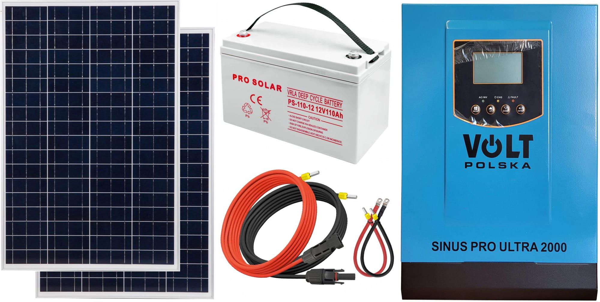 Zdjęcie Off-gridowy zestaw solarny 1000W: panele 110W + DEEP 110AH + przewody do połączenia + zasilacz awaryjny Sinus PRO ULTRA 2000 12V + 60A MPPT inwerter s - Pyskowice