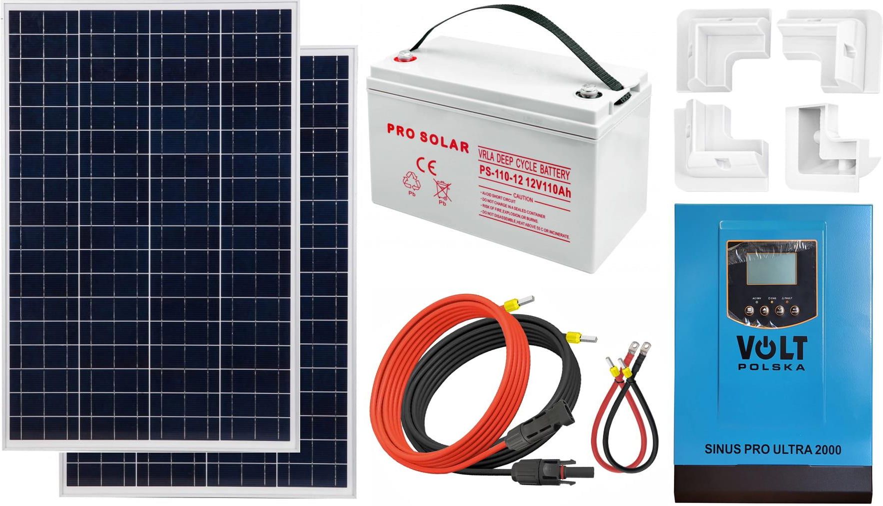 Zdjęcie Off-gridowy zestaw solarny 1000W: panele 110W + DEEP 110AH + przewody do połączenia + zasilacz awaryjny Sinus PRO ULTRA 2000 12V + 60A MPPT inwerter s - Pyskowice
