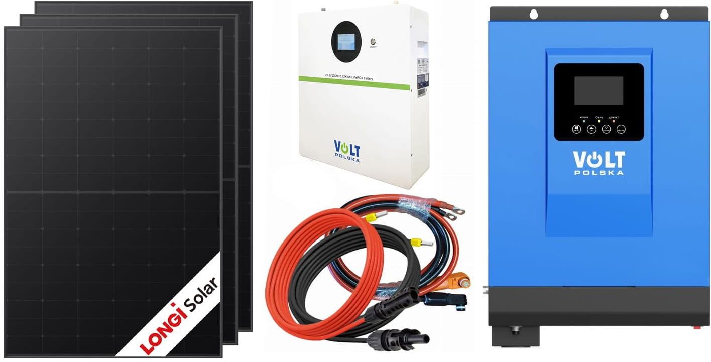 Zdjęcie Off-gridowy zestaw solarny 3000W: 3 x panele 430W + magazyny energii 200Ah + przewody do połączenia + falownik hybrydowy VOLT POLSKA SINUS PRO ULTRA 6 - Radzionków