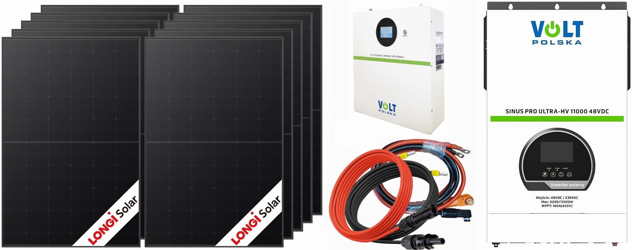 Zdjęcie Off-gridowy zestaw solarny 5200W: 10 x panele 430W + magazyny energii 100Ah + przewody do połączenia + zasilacz awaryjny Sinus PRO ULTRA-HV 11000 48V - Radzionków