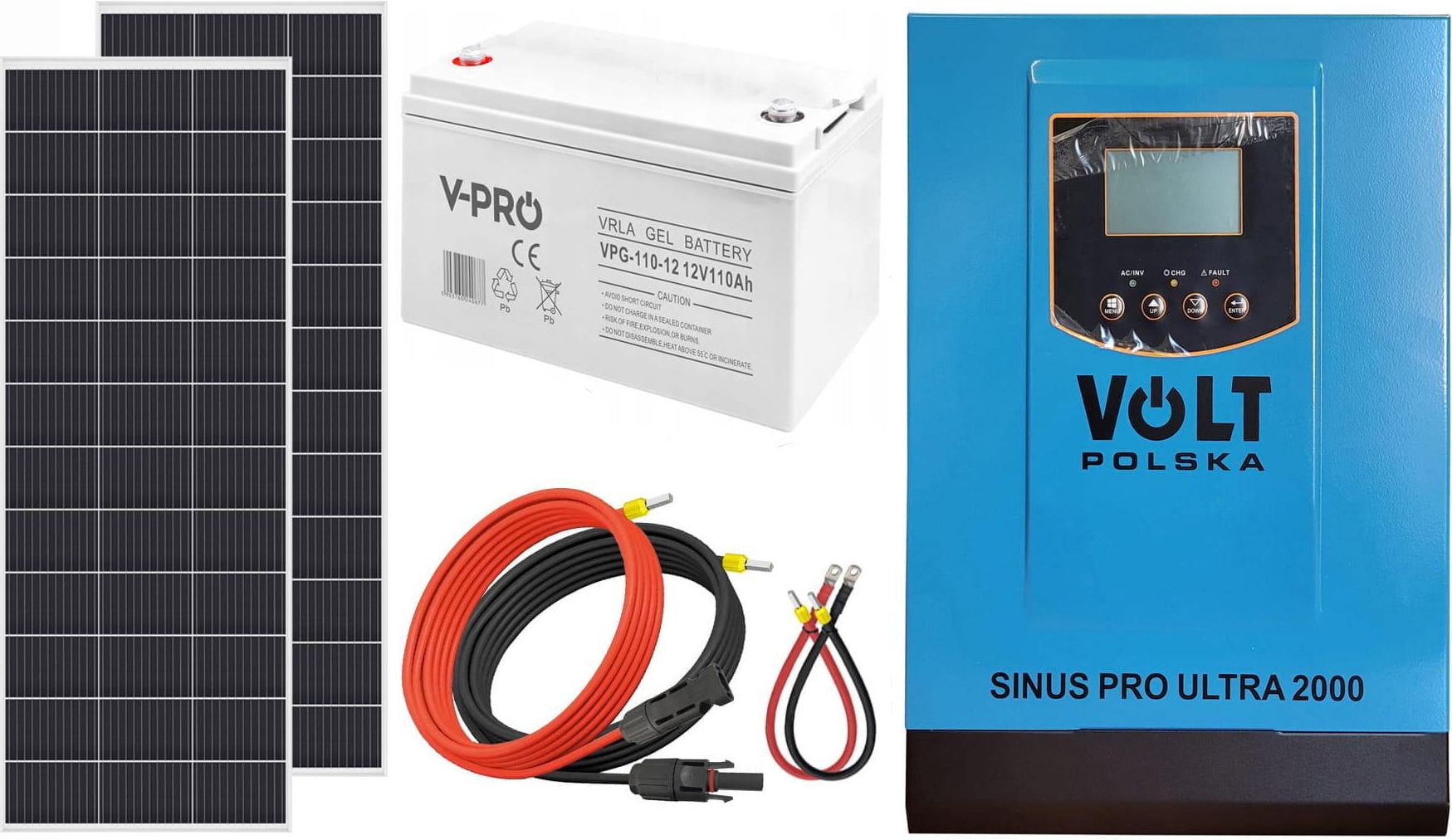 Zdjęcie Off-gridowy zestaw solarny 1000W: 2x panele 220W + GEL 110AH + przewody do połączenia + zasilacz awaryjny Sinus PRO ULTRA 2000 12V + 60A MPPT inwerter - Świętochłowice