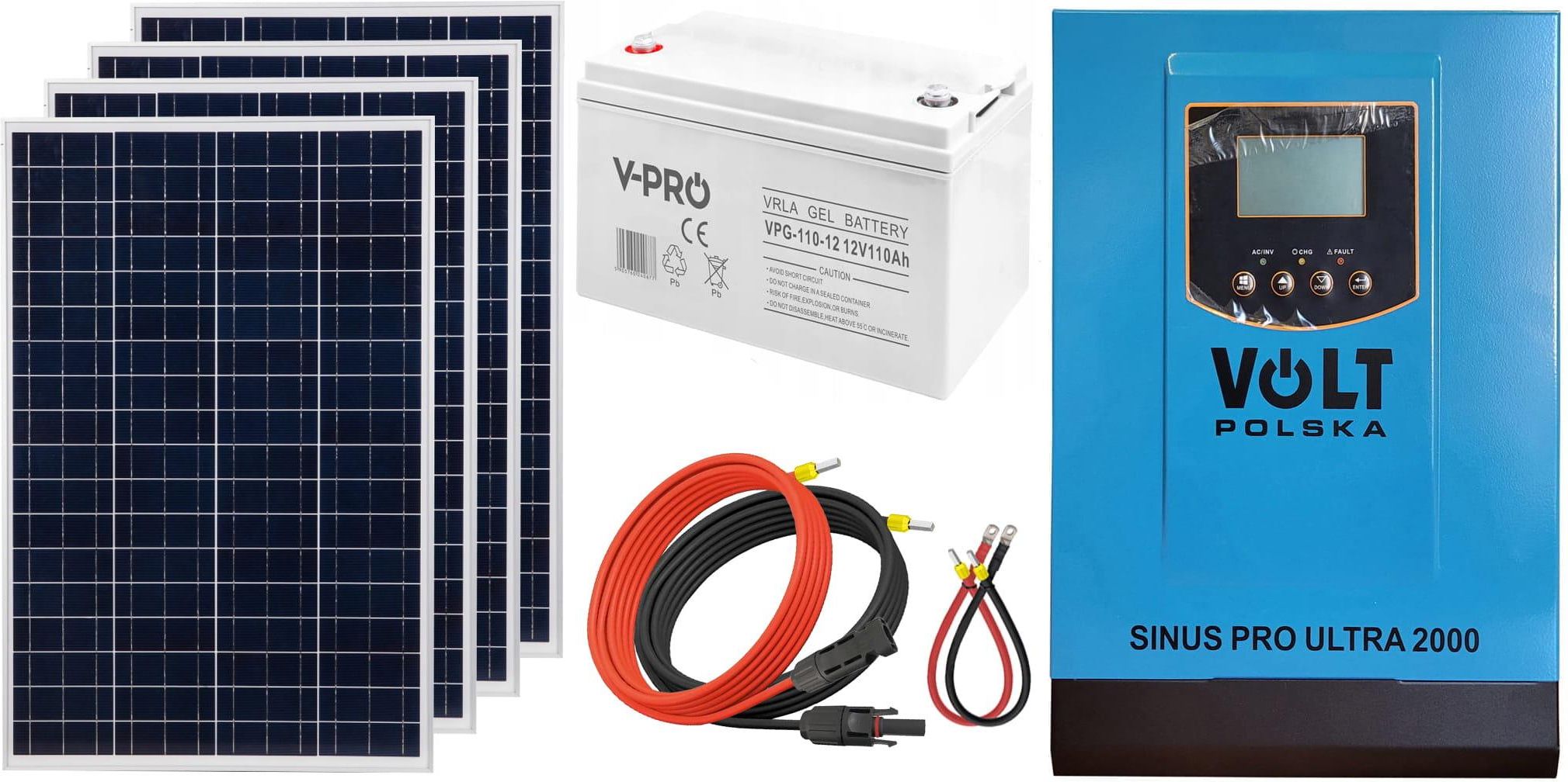 Zdjęcie Off-gridowy zestaw solarny 1000W: panele 110W + GEL 110AH + przewody do połączenia + zasilacz awaryjny Sinus PRO ULTRA 2000 12V + 60A MPPT inwerter so - Pyskowice