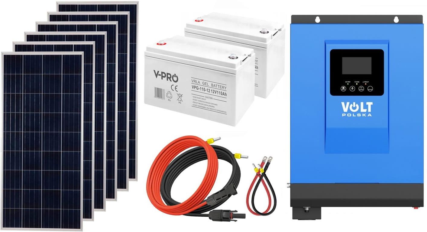 Zdjęcie Off-gridowy zestaw solarny 3000W: 6 x panele 180W + 2 x GEL 110Ah + przewody do połączenia + falownik hybrydowy VOLT POLSKA SINUS PRO ULTRA 6500-M 24V - Tarnowskie Góry