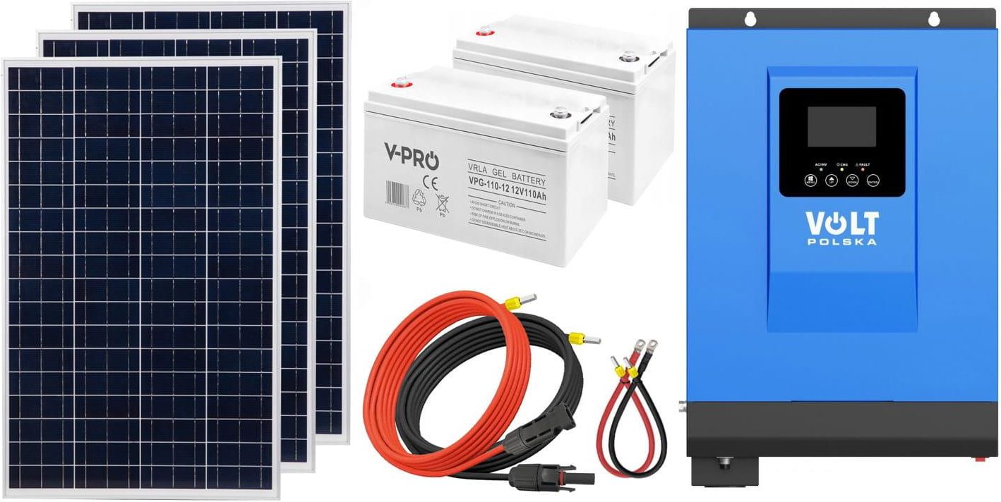 Zdjęcie Off-gridowy zestaw solarny 3000W: 3 x panele 110W + 2 x GEL 110Ah + przewody do połączenia + falownik hybrydowy VOLT POLSKA SINUS PRO ULTRA 6500-M 24V - Chorzów