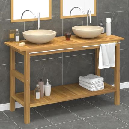 Zakito Home Szafka Łazienkowa Z Umywalkami Drewno Tekowe 132X45X75Cm Kolor Kremowy (ZH3096580) - zdjęcie 3