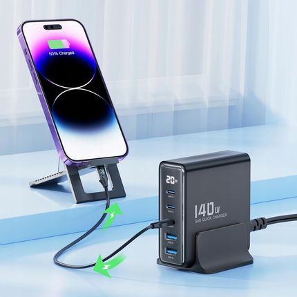 Toocki Ładowarka Biurkowa Gan 140W Wieloportowa Inteligentna Stacja Ładująca 3*C 2*Usb - zdjęcie 2