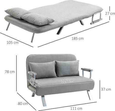 Homcom Sofa dwuosobowa z funkcją spania łóżko pojedyncze poduszkami regulowana rozkładana do salonu obciążenie 150 kg - zdjęcie 2