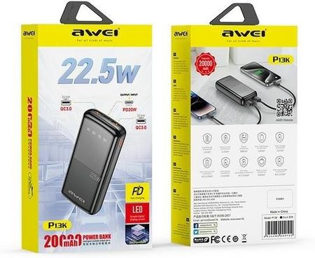 Awei Powerbank P13K 20000Mah 22 5Wczarny Black Digital Display - zdjęcie 2