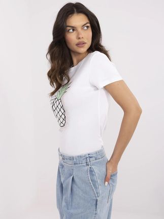 Ecru damski t-shirt z aplikacją w kształcie ananasa - zdjęcie 2