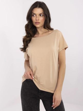 Camelowy t-shirt z dekoltem na plecach Fire BASIC FEEL GOOD - zdjęcie 2