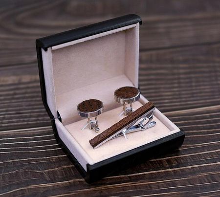 Drewniane męskie spinki do mankietów i krawatu TX010-2 eleganckie - zdjęcie 2