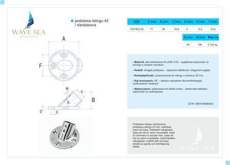 Wave Sea Podstawa Słupka Relingu Nierdzewna Okrągła 25Mm 45 ° Kwasoodporna Mocna - zdjęcie 2