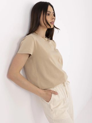 Beżowy t-shirt o dopasowanym kroju BASIC FEEL GOOD - zdjęcie 2