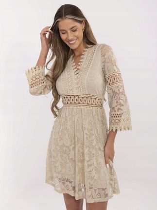 Beżowa sukienka boho koronka z podszewką rękaw 3/4 - zdjęcie 4
