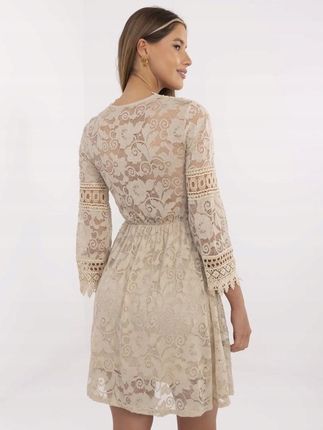 Beżowa sukienka boho koronka z podszewką rękaw 3/4 - zdjęcie 3