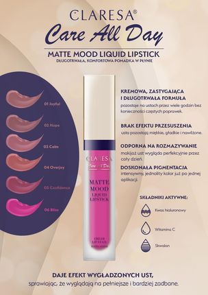 Claresa Care All Day Matte Mood Liquid Lipstick Matowa Pomadka W Płynie Do Ust 05 Confidence 7ml - zdjęcie 2