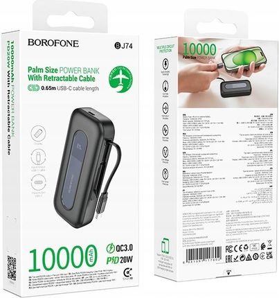 Borofone Power Bank 10000Mah Bj74 Hermoso Typ C Qc 3 0 Pd 20W Z Kablem Czarny - zdjęcie 5