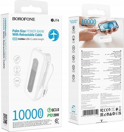 Borofone Power Bank 10000Mah Bj74 Hermoso Typ C Qc 3 0 Pd 20W Z Kablem Biały - zdjęcie 4
