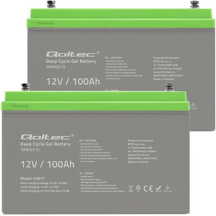 Zestaw: 2 x akumulator żelowy Qoltec GEL Deep Cycle Professional LongLife 12V 100Ah + przewód do łączenia 3SPZC21726 12V/24V magazyn energii - zdjęcie 2