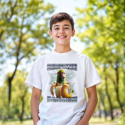 Koszulka biała dziecięca Chimpanzini Bananini viral tiktok brainrot r. 128 - zdjęcie 4