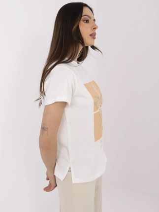 Ecru t-shirt damski z cekinową aplikacją motyla - zdjęcie 2