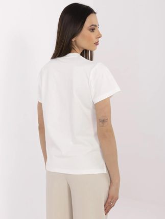 Ecru t-shirt damski z cekinową aplikacją motyla - zdjęcie 2