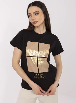 Czarny damski t-shirt z nadrukiem - zdjęcie 2
