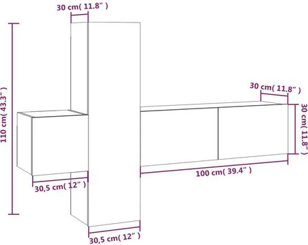 Zakito Home Zestaw Szafek Tv Drewnopochodne 3Szt. Szary Dąb 100X30X30 30,5X30X110 30,5X30X30Cm (ZH3120228) - zdjęcie 3
