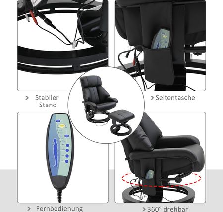 Homcom Fotel Do Masażu 700 140Bk Z Podnóżkiem 10 Punktów Wibracji Regulowane Oparcie Czarny (700140Bk) - zdjęcie 2