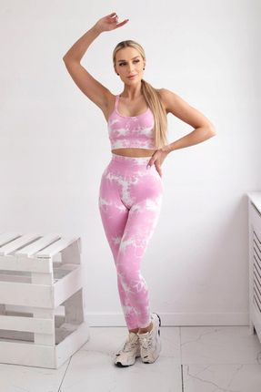 Komplet fitness top + legginsy push up jasny różowy + ecru S/M - zdjęcie 4