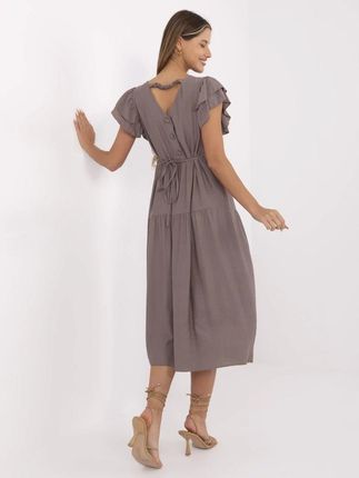 Sukienka midi ciemnobeżowa z falbanką i wiązaniem – ITALY MODA - zdjęcie 2