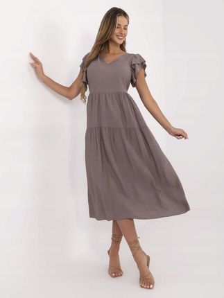 Sukienka midi ciemnobeżowa z falbanką i wiązaniem – ITALY MODA - zdjęcie 3