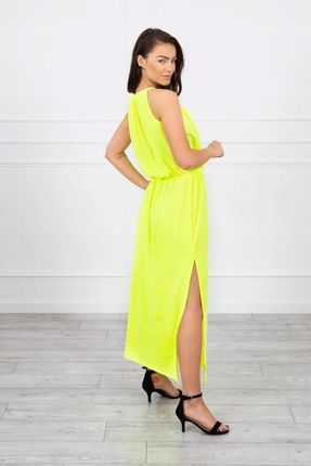 Sukienka boho z rozporkiem żółty neon - zdjęcie 3