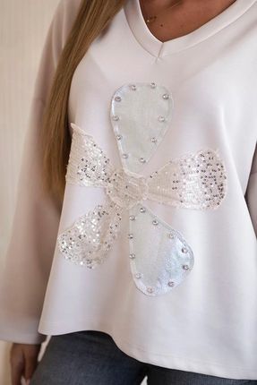Bluza masełko z ozdobnym kwiatem beżowa - zdjęcie 4