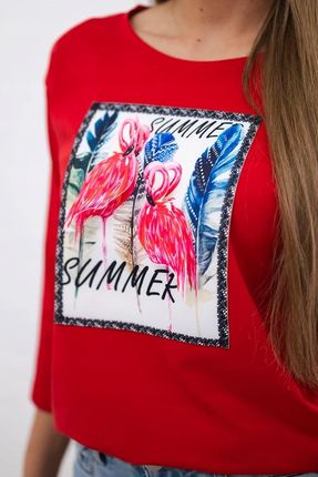 Bluzka z grafiką flamingów 3D czerwona - zdjęcie 2