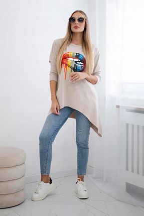 Bluzka oversize z nadrukiem tęczowych ust beżowa - zdjęcie 3