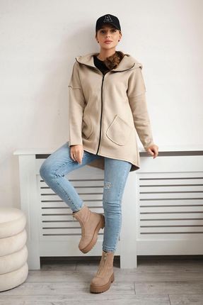 Bluza ocieplana z dłuższym tyłem i kieszeniami jasno beżowa - zdjęcie 3
