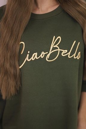 Bluza ocieplana z napisem Ciao Bella khaki - zdjęcie 4