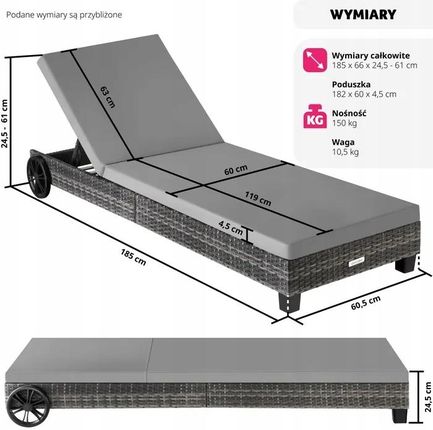 Tectake Leżak Ogrodowy Rattanowy Leżanka Z Poduszka 1828222450 - zdjęcie 6