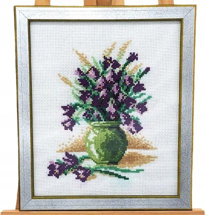 Obraz Haftowany Ręcznie – Kwiaty w Zielonym Wazonie 24x20 cm – Dekoracja - zdjęcie 2