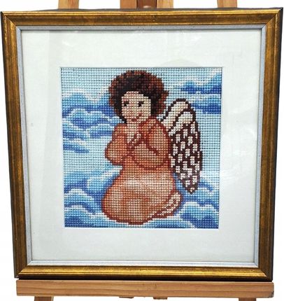 Obraz Haftowany Aniołek Modlący Się 24x24 cm w Złotej Ramie - zdjęcie 2