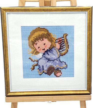 Ręcznie Haftowany Obrazek Aniołek z Harfą 24x24 cm w Ramce - zdjęcie 2
