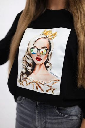 Bluzka z grafiką dziewczyny w okularach 3D czarna - zdjęcie 3