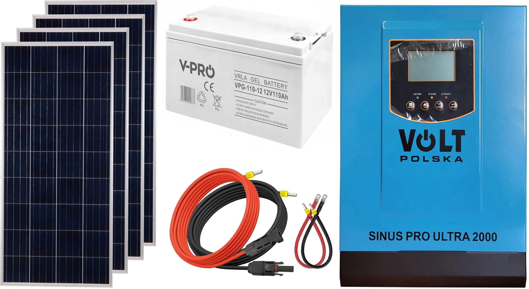 Zdjęcie Off-gridowy zestaw solarny 1000W: panele 180W + GEL 110AH + przewody do połączenia + zasilacz awaryjny Sinus PRO ULTRA 2000 12V + 60A MPPT inwerter so - Pyskowice