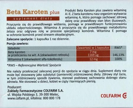 Colfarm Beta Karoten Plus 60 kaps. - zdjęcie 3