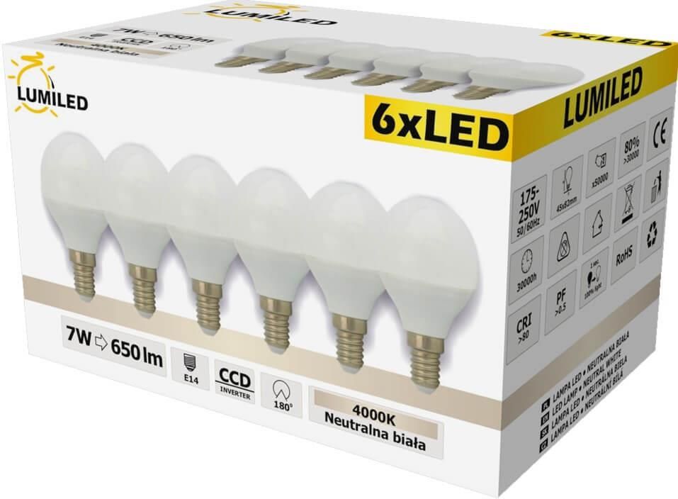 Lumiled 6X Led E14 Kulka 7W 65W 650Lm Neutralna 4000K 210