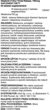 Life Extension Melatonina 750 mcg przedłużone uwalnianie 60tabl. - zdjęcie 2