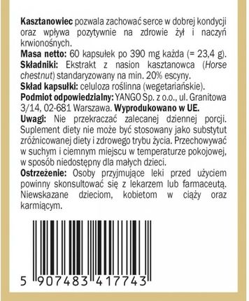 Yango Kasztanowiec 20% Escyny Wspomaga Krążenie Żylne Na Ociężałe Nogi 60Kaps. - zdjęcie 4